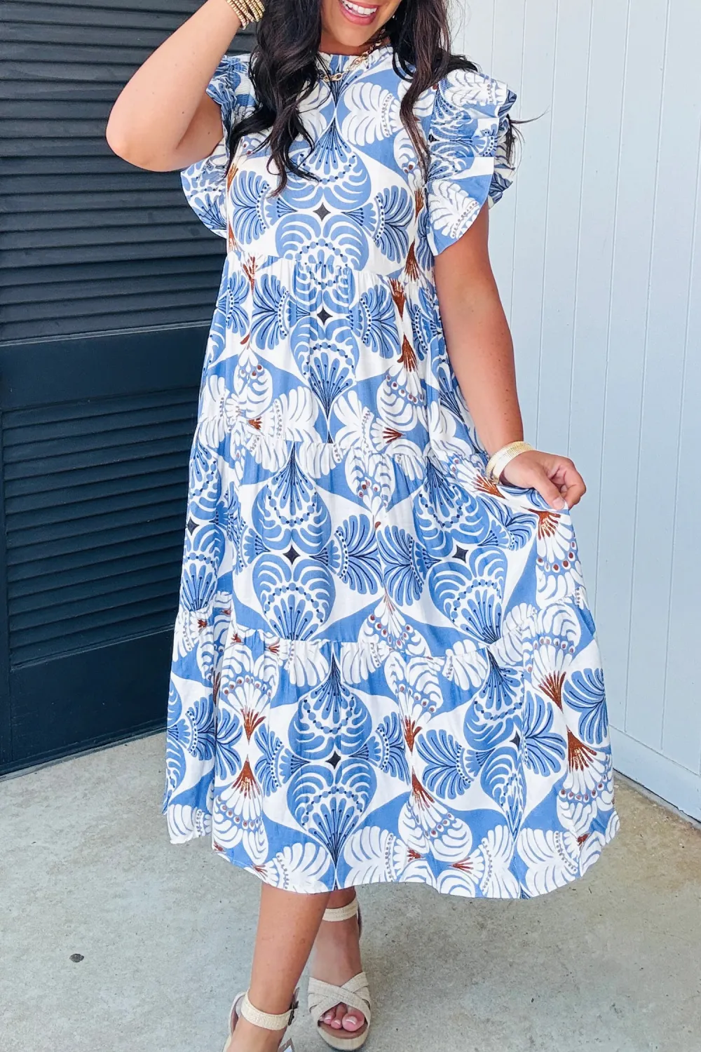 Blue Botanical Flutter Sleeve Dress
