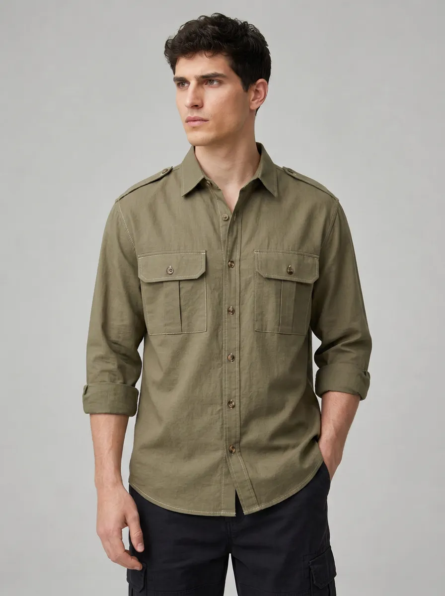 Men's Casual Outdoor Olive Green Military Style Button-Down Shirt