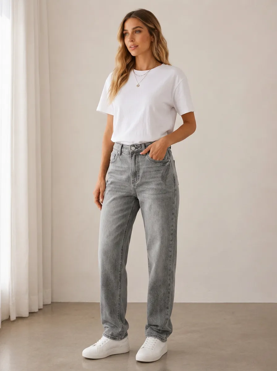 Women's Casual Fashion Feather Embroidered Printed Jeans