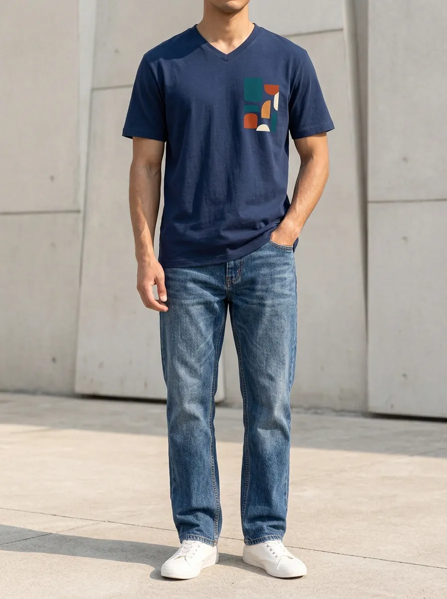Men's Abstract Geometric Printed V-Neck T-Shirt and Jeans Set