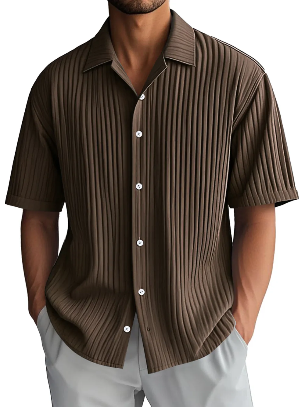 Ribbed Knit Camp Collar Shirt