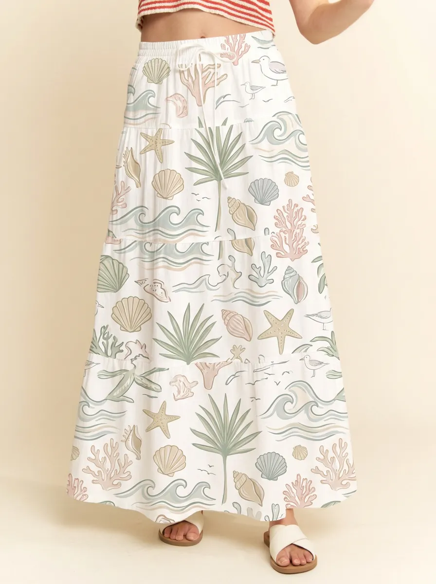 Women's Beach Lover Seashell Palm Wave Printed Maxi Skirt