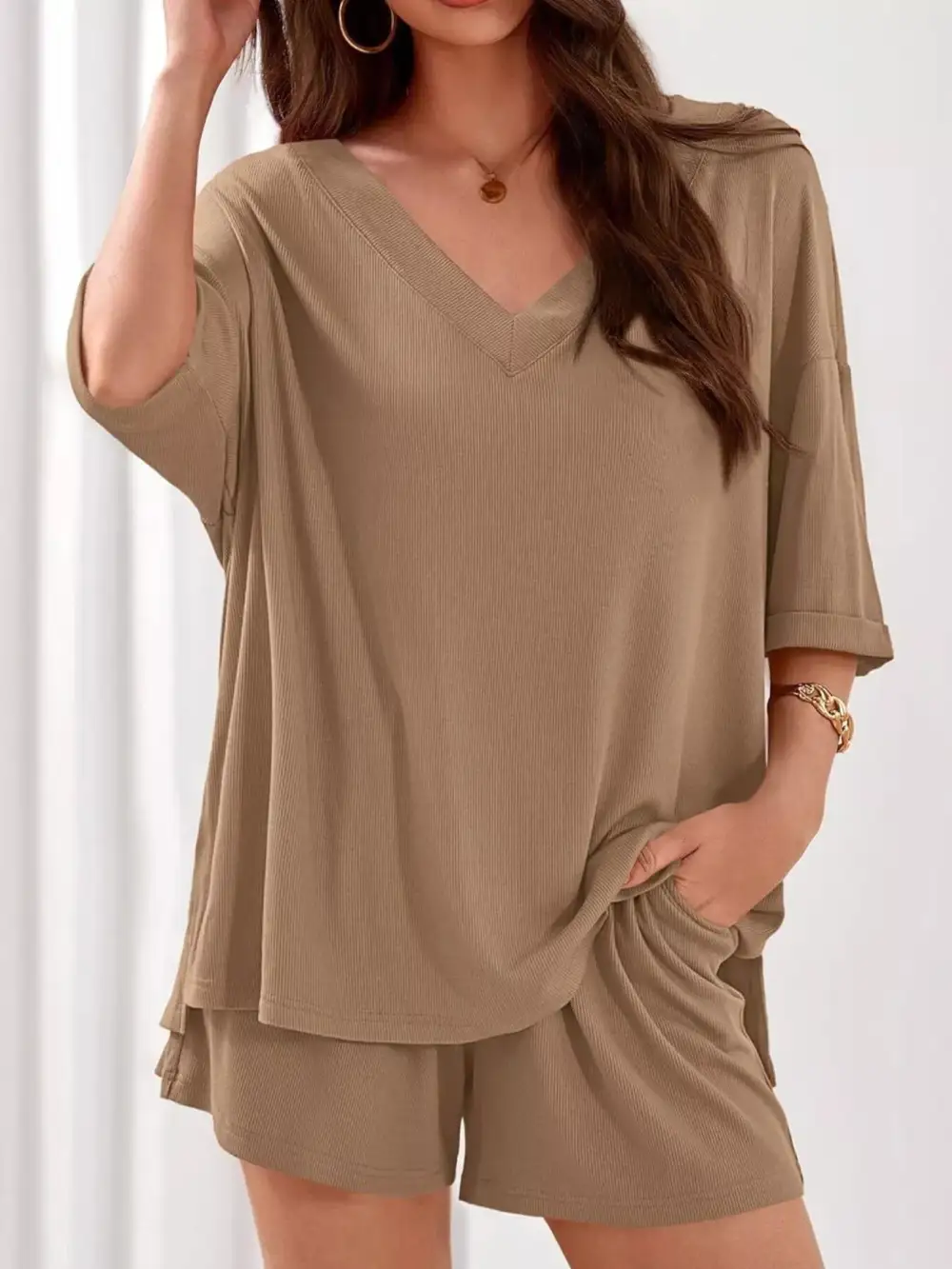 Casual Solid Color V Neck Top and Shorts Set