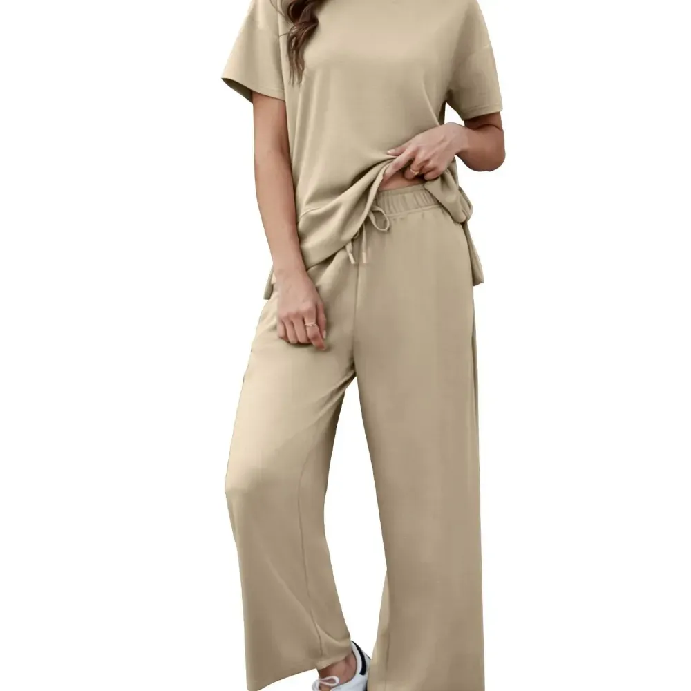 PINSPARK Women Summer Lounge Set with Short Sleeve Top & Wide Leg Pants