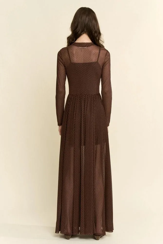 Flowing Polkadot Print Mesh Maxi Dress