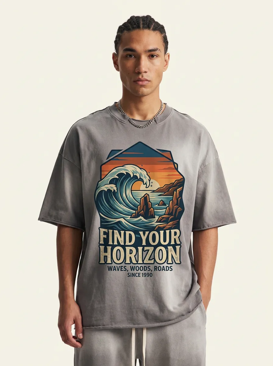 Men's Adventure Travel Horizon Wave Printed T-shirt