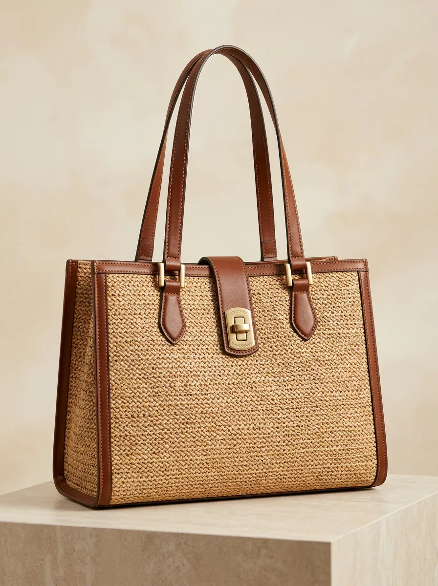 Straw-Style Leather-Trim-Look Textured Women's Tote Bag