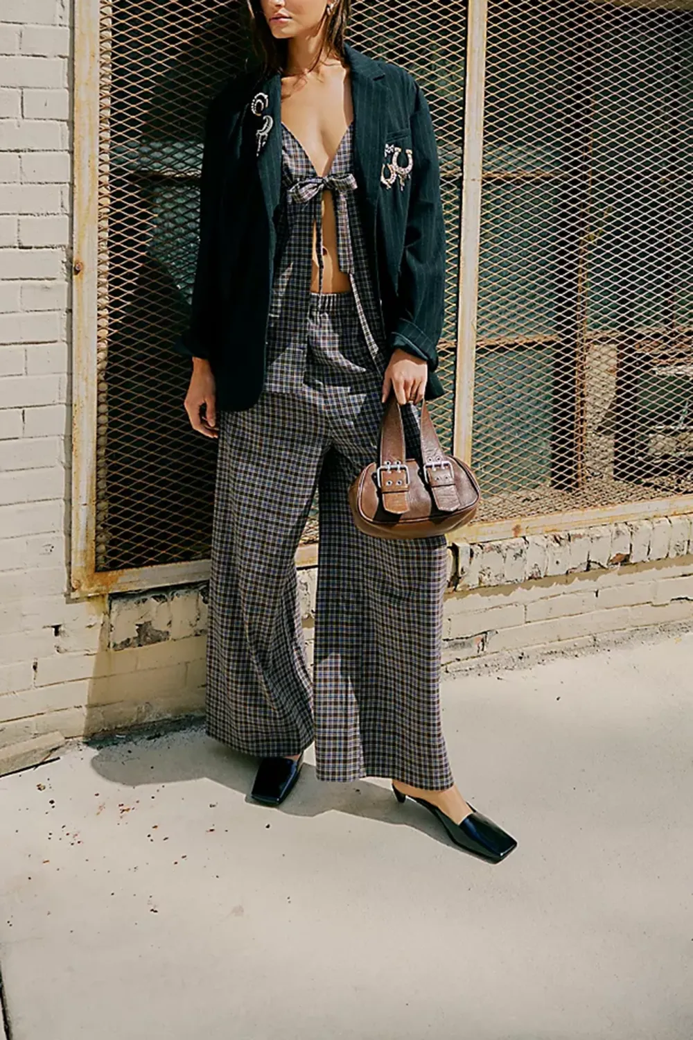 Checkered Crop Top And Wide Leg Pants Set