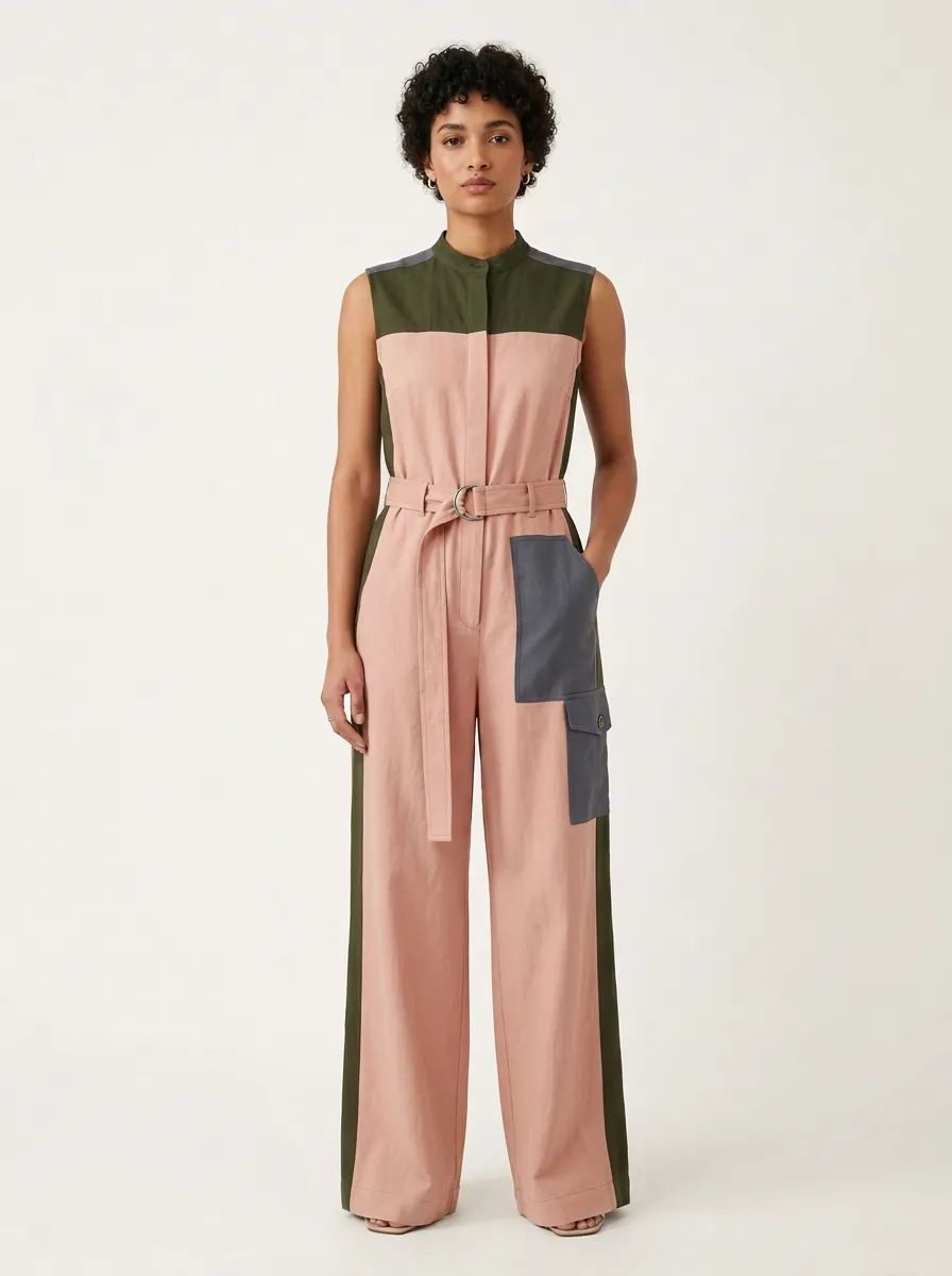 Women's Utility Colorblock Sleeveless Belted Jumpsuit