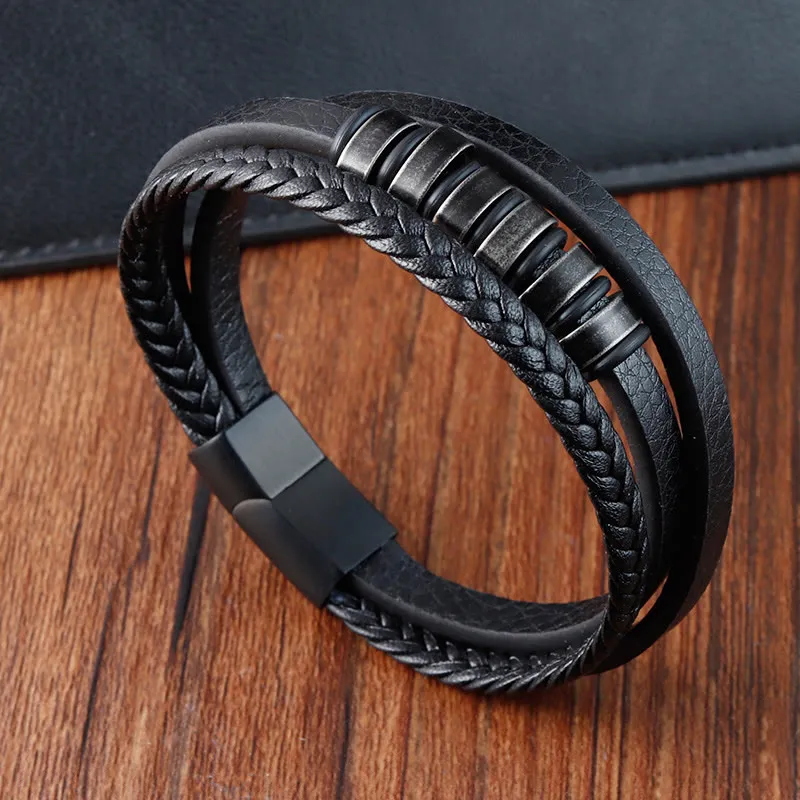 Simple Titanium Steel Braided Layer Leather Buckle Bracelet