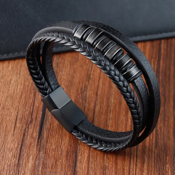 Simple Titanium Steel Braided Layer Leather Buckle Bracelet