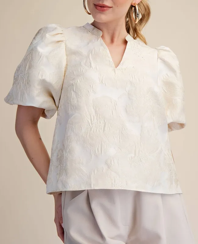 V-Neck Puff Sleeve Jacquard Top