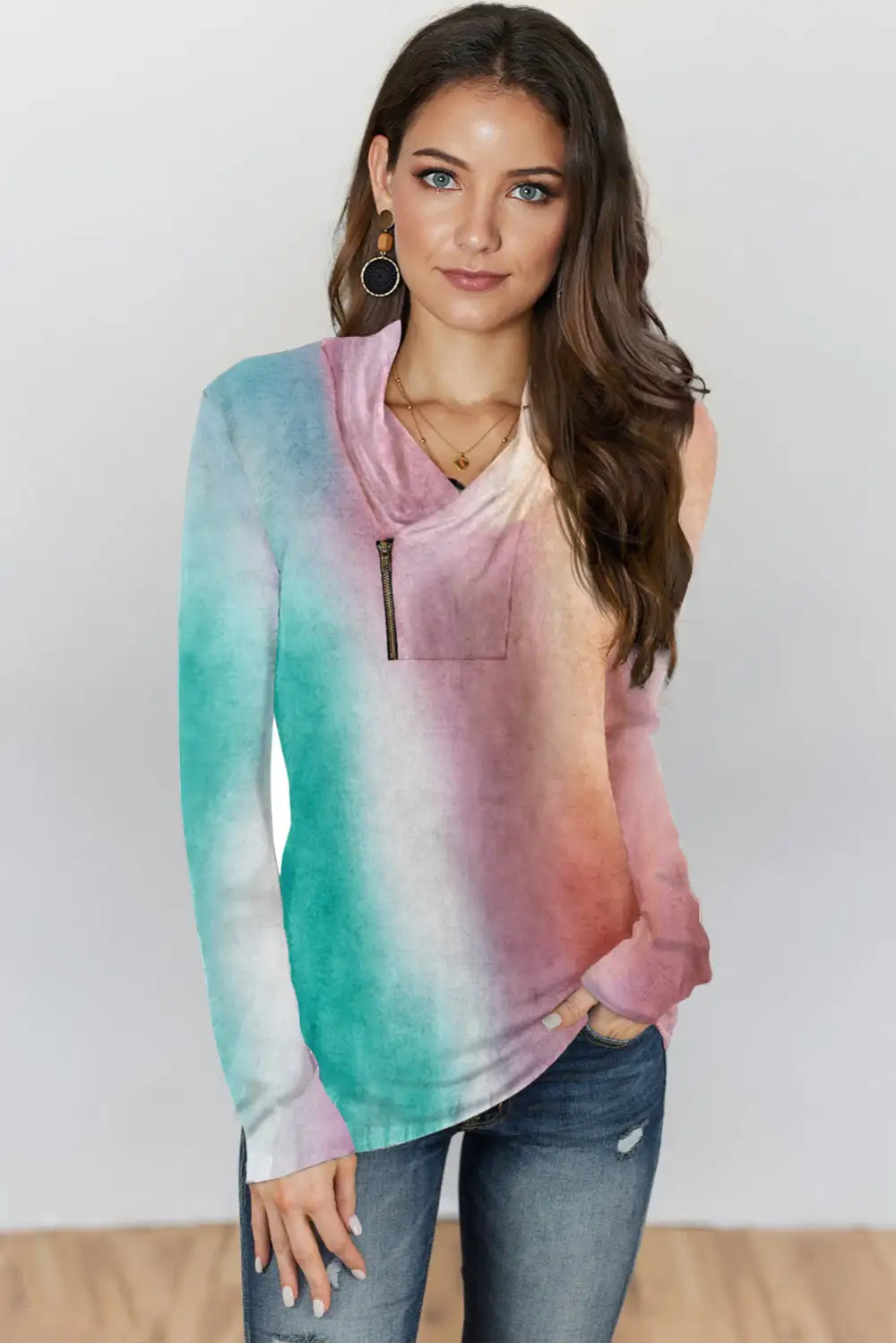 Tie Dye Print Zipper Top