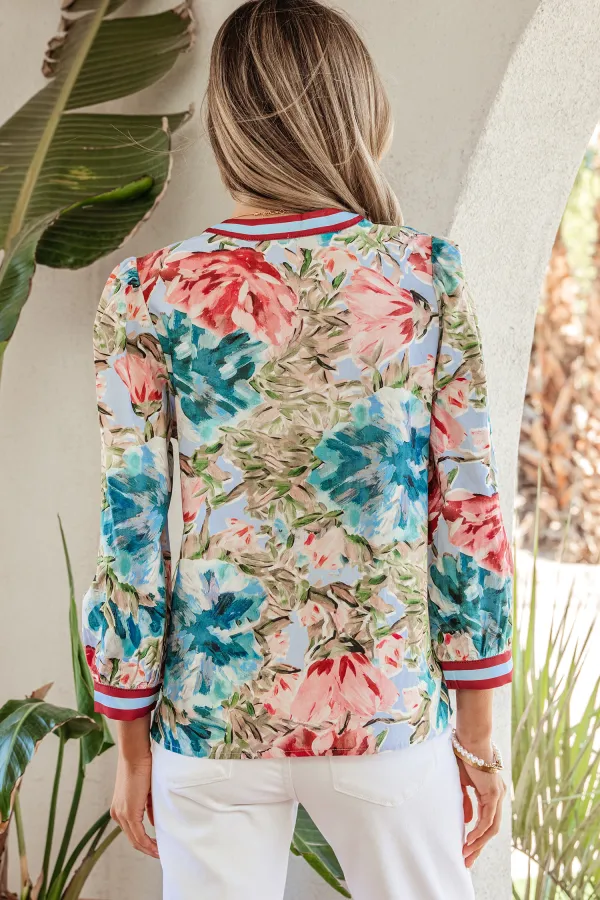 Sky Blue Contrast Trim V Neck Blouse