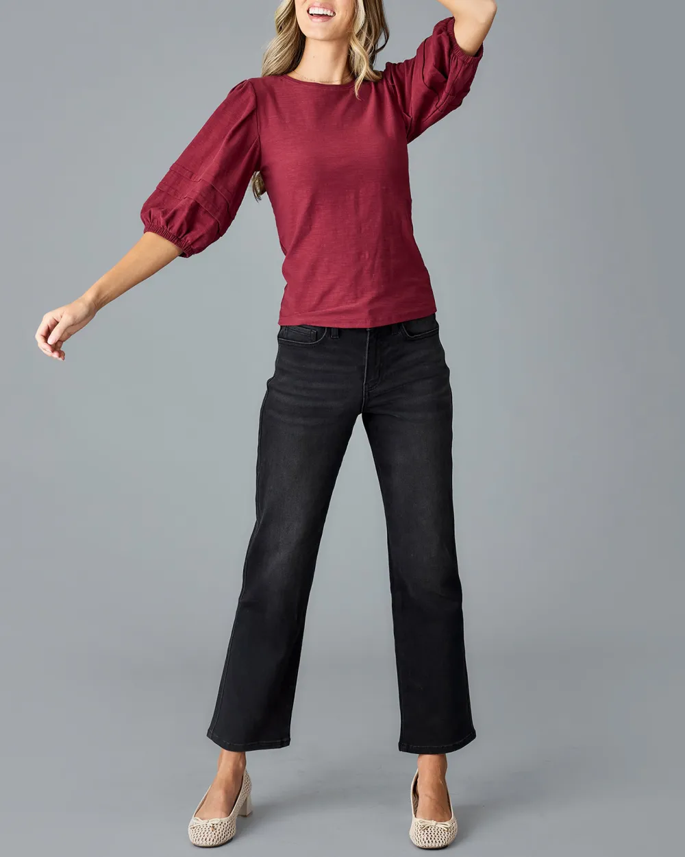 Wine Red Ruffled Three Quarter Sleeves Blouse