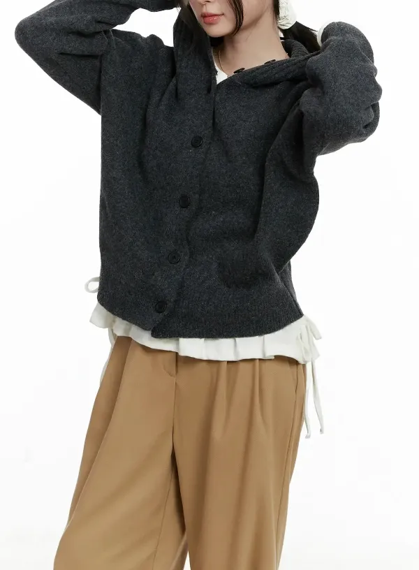 Button Hooded Knit Cardigan