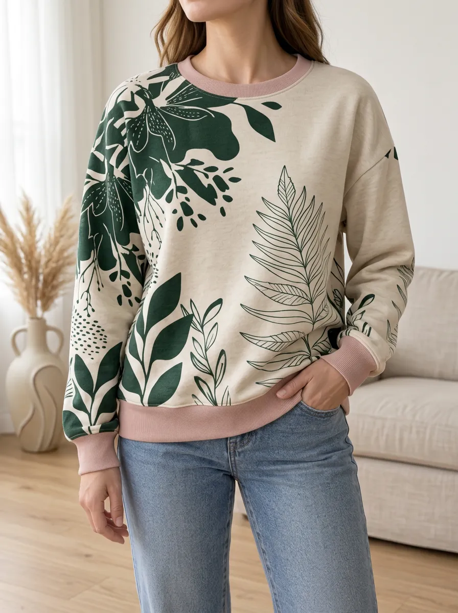 Women's and Botanical Print Crewneck Sweatshirt