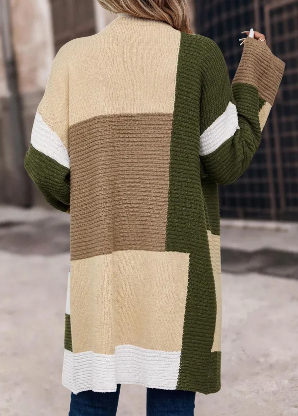 Multi Color Patchwork Long Sleeve V Neck Coat