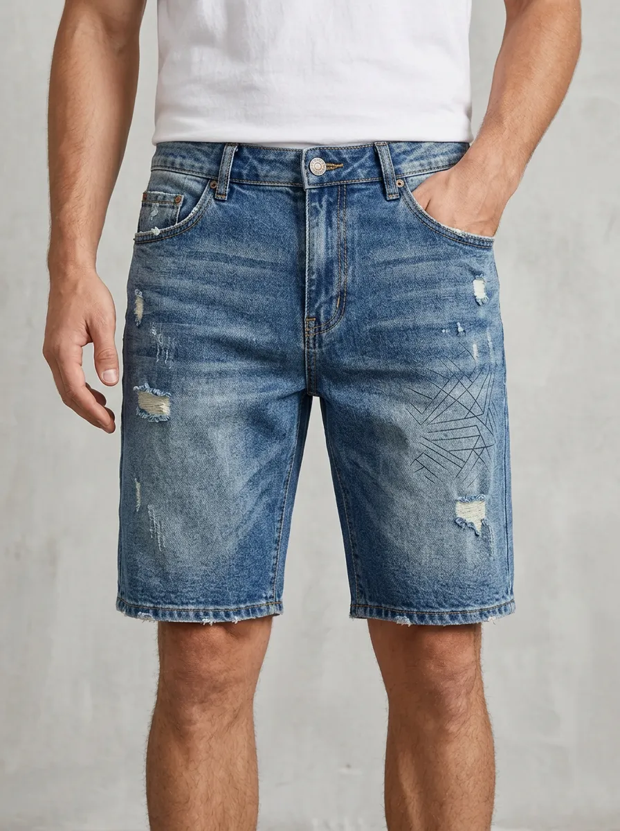 Men's Geometric Pattern Distressed Denim Printed Shorts
