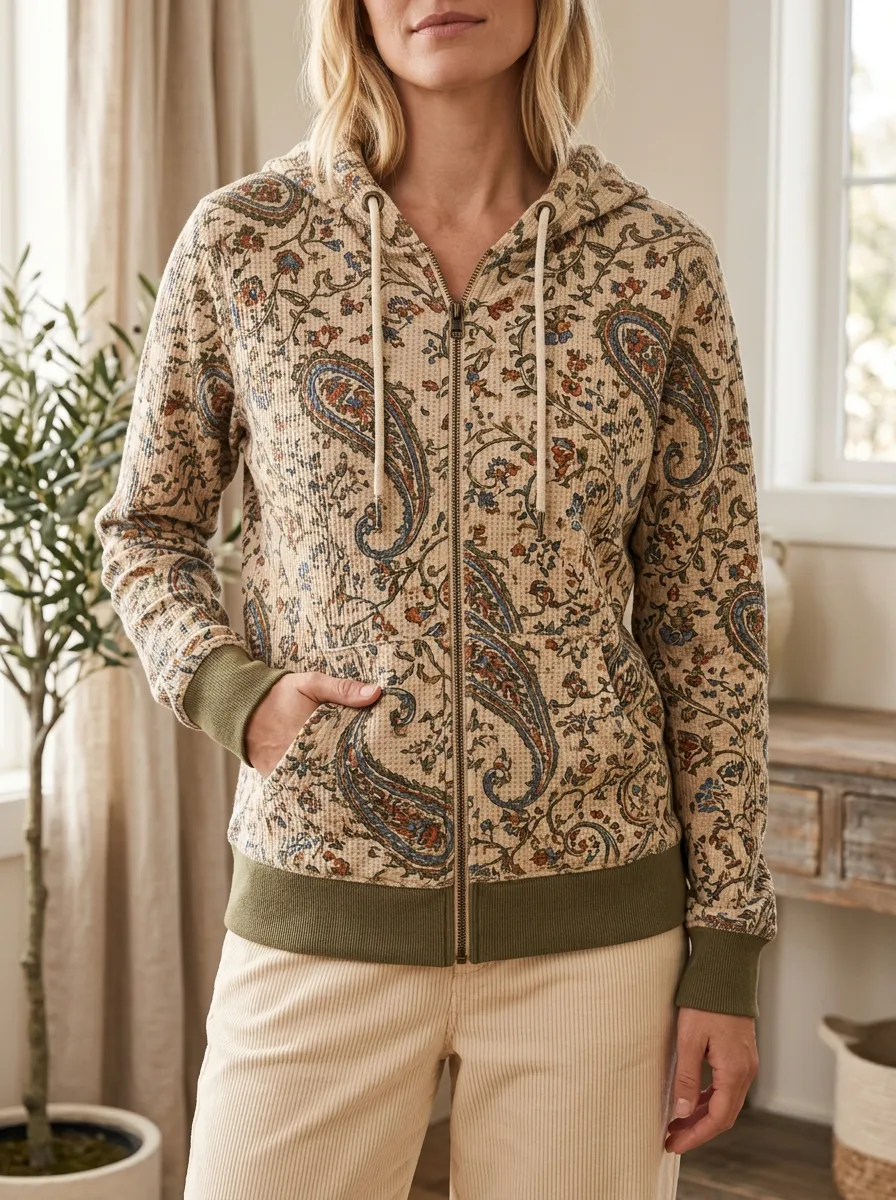 Women's Vintage Paisley Floral Waffle Knit Printed Zip-up Hoodie