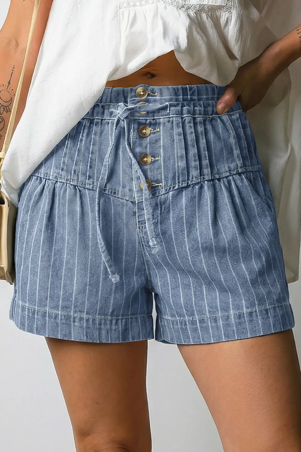 Drawstring Button Pleated High Waist Denim Shorts