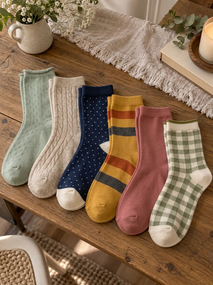 Women's Assorted Polka Dot Cable Knit Pointelle Ribbed Striped Plaid Vintage-Inspired 6-Pack Crew Sock Set