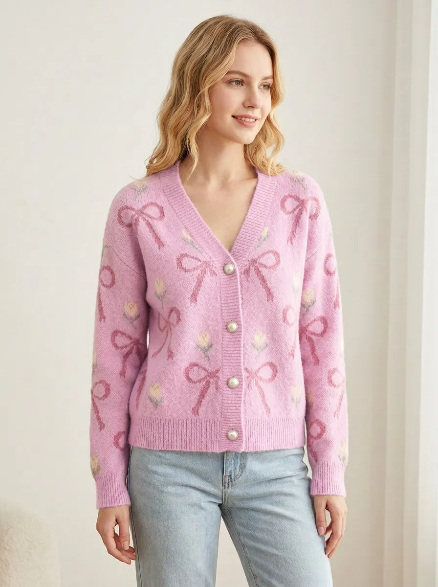 Women's Ribbon Bow Pattern Printed Cardigan
