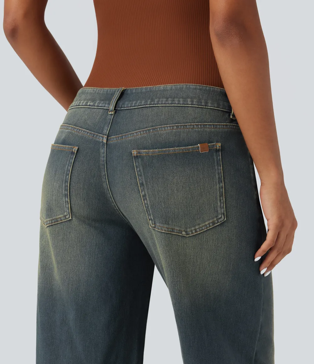 Asymmetric Low Rise Zipper Pockets Baggy Wide Leg Washed Casual Jeans