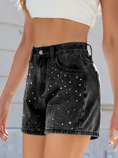 Rhinestone Washed High Waist Shorts Denim Pants