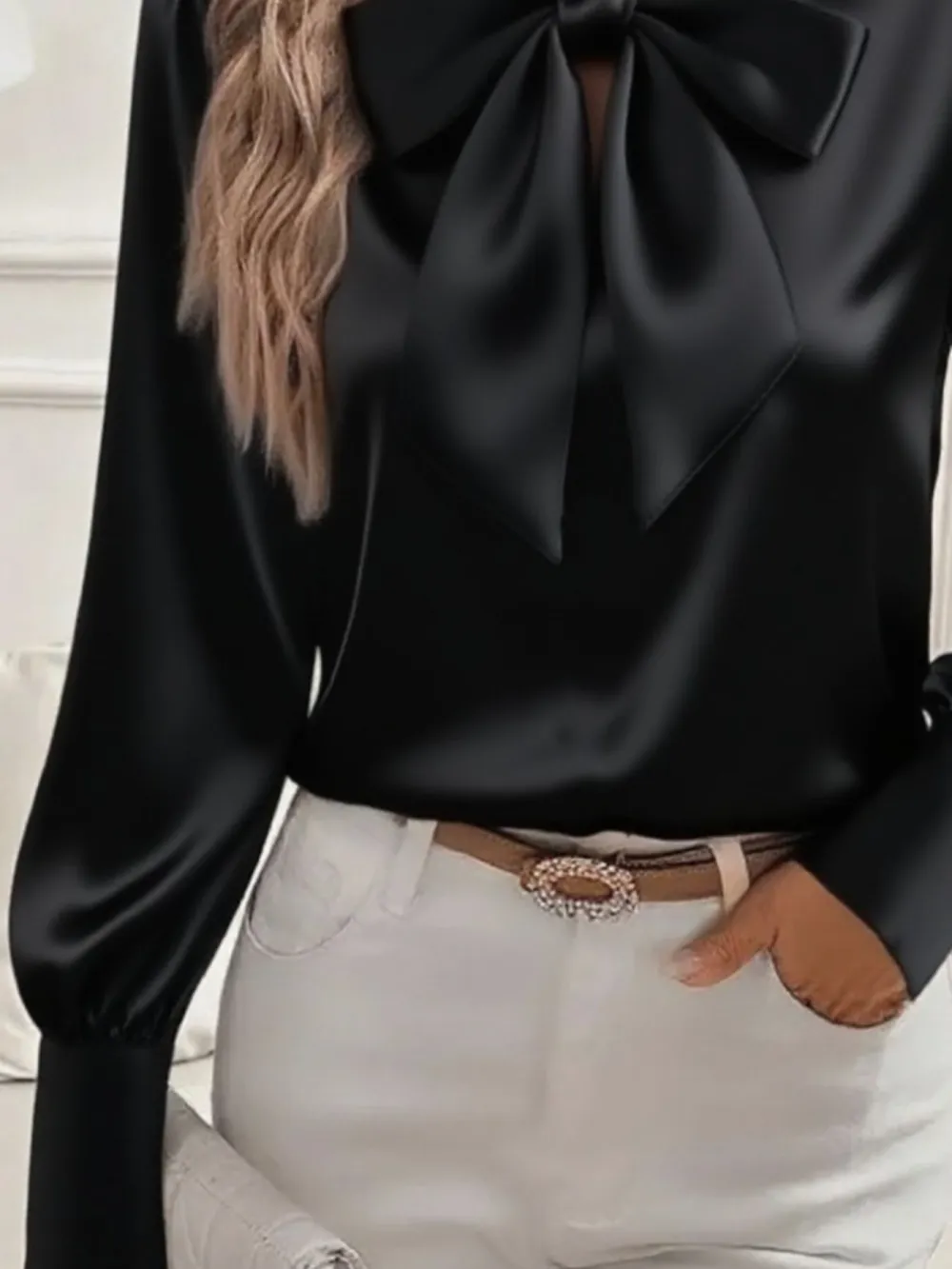 Satin Bow Tie Long Sleeve Top