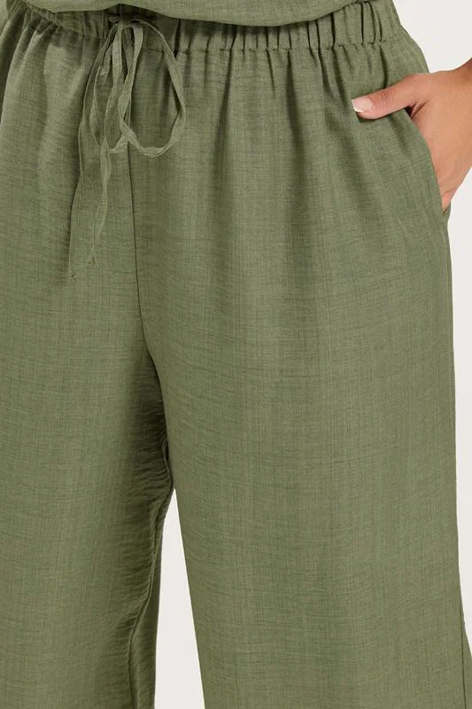 Khaki Green Textured Wide Leg Trousers detail 3