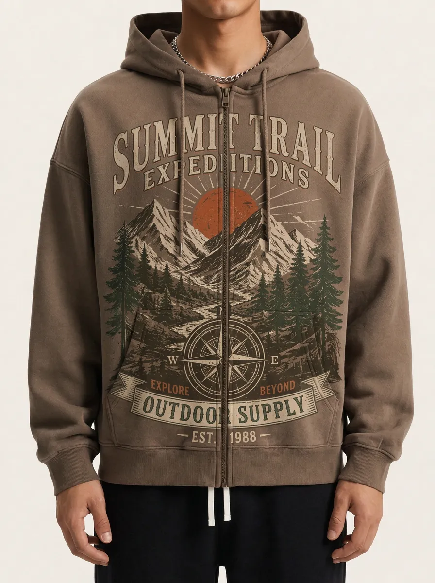Men's Outdoor Adventure Summit Trail Compass Printed Zip-up Hoodie