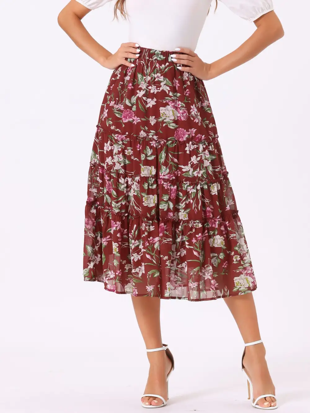 Chiffon Floral-Print Long Tiered Ruffle Boho Midi Skirt