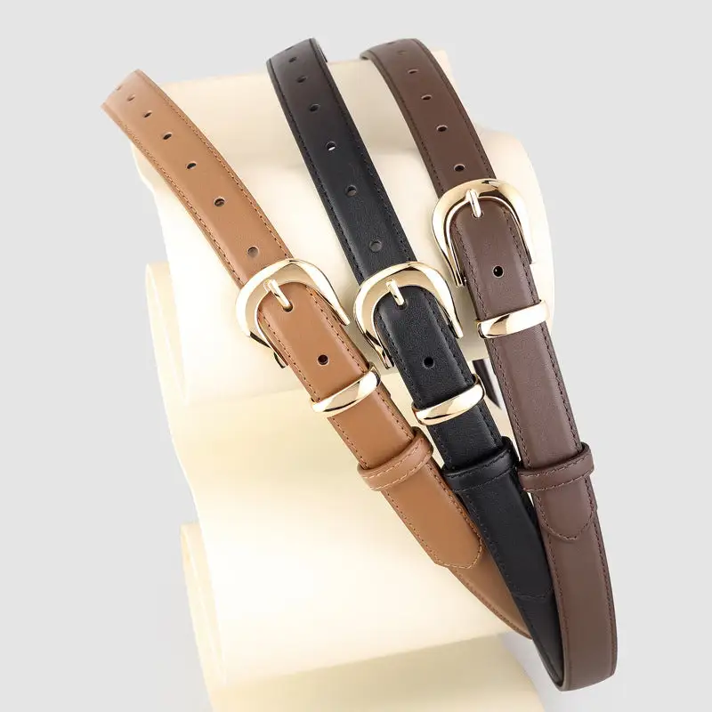 Modern Leather Skinny Belt with Golden Buckle
