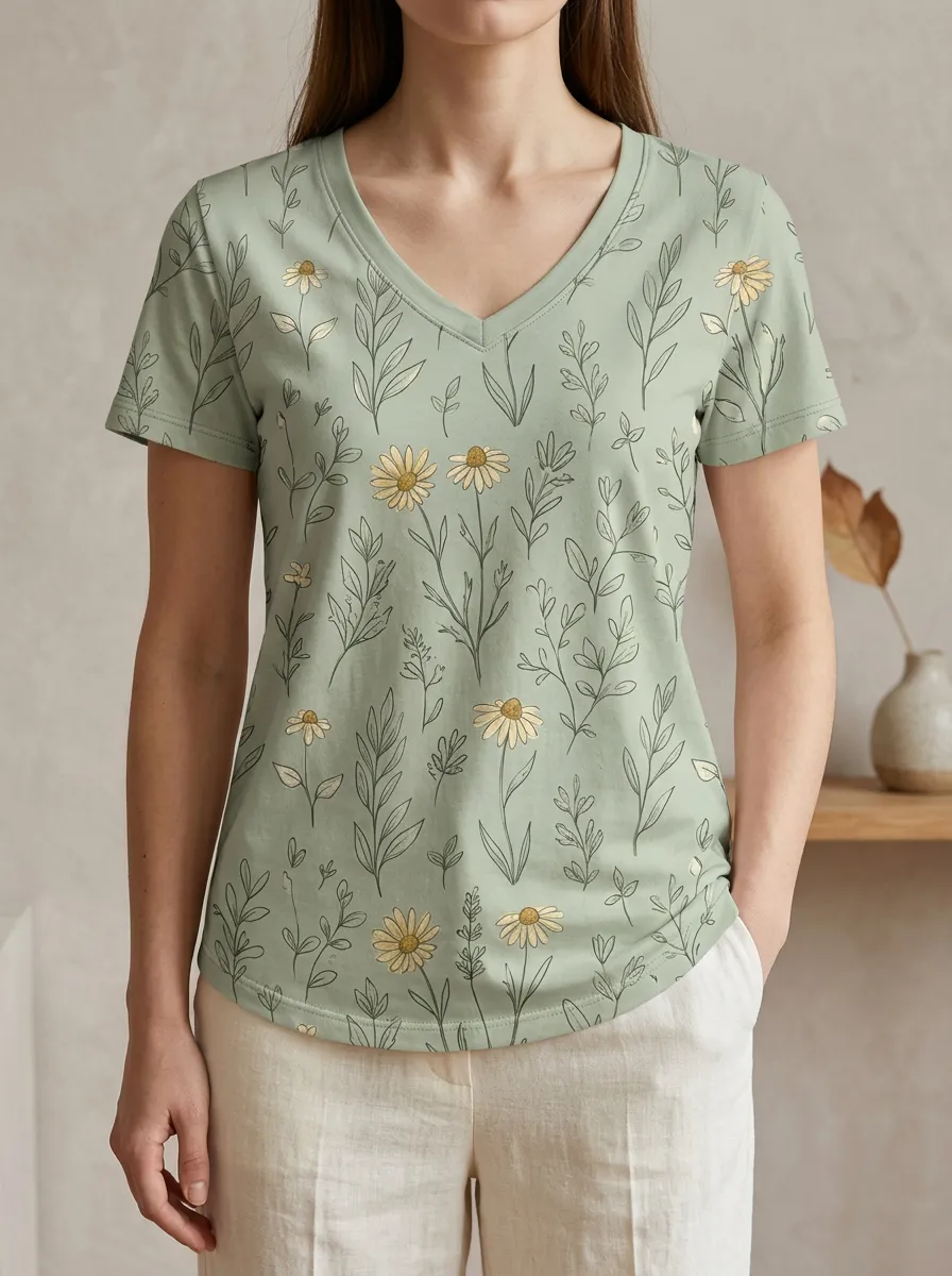 Women's Botanical Daisy Floral Sage Green Printed V-Neck T-Shirt