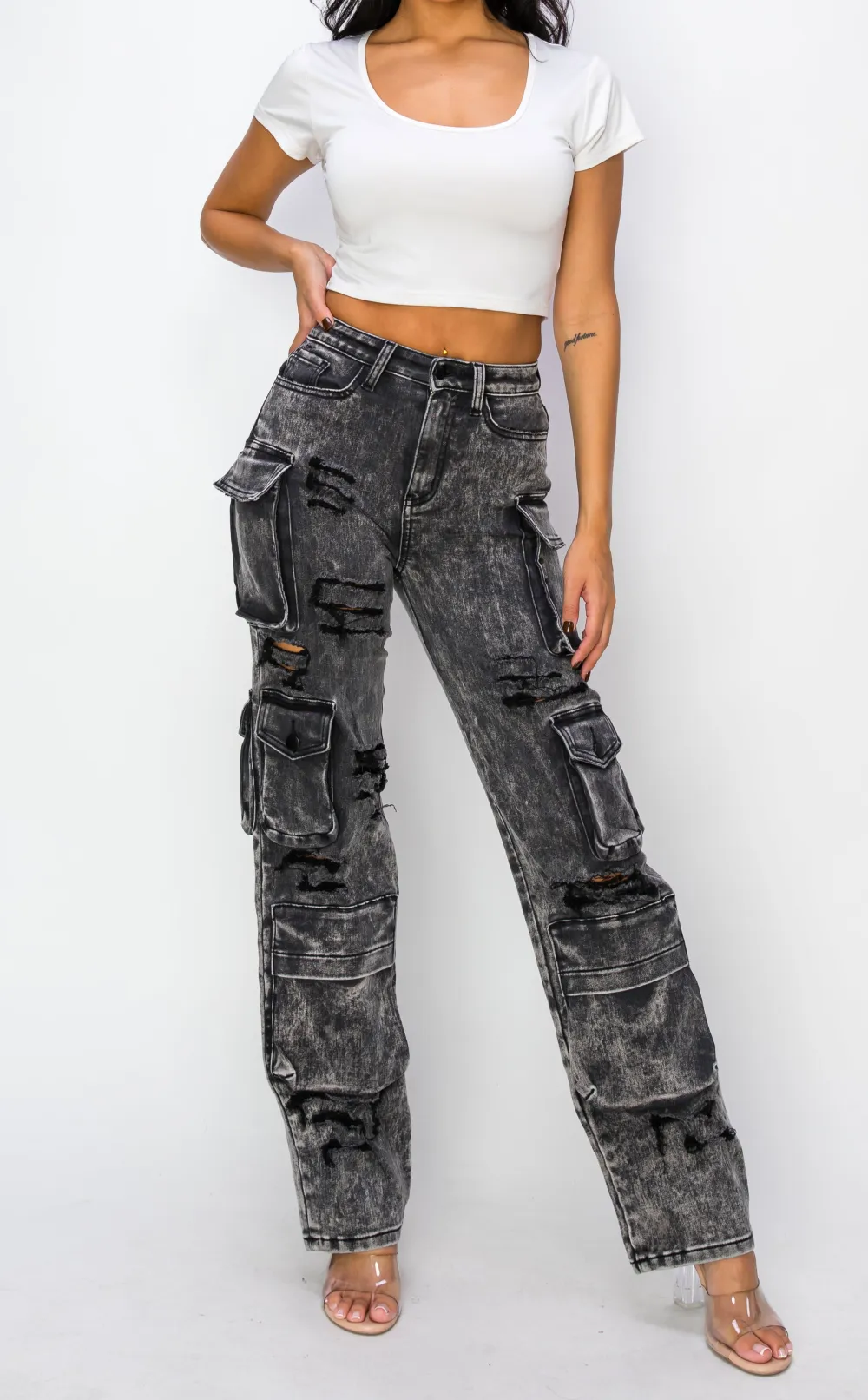 Mid-Rise Washed Cargo Jeans