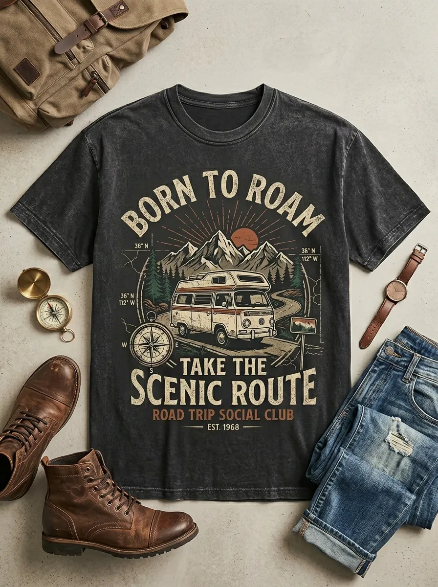 Unisex Road Trip Lover Camper Van Mountain Printed T-shirt