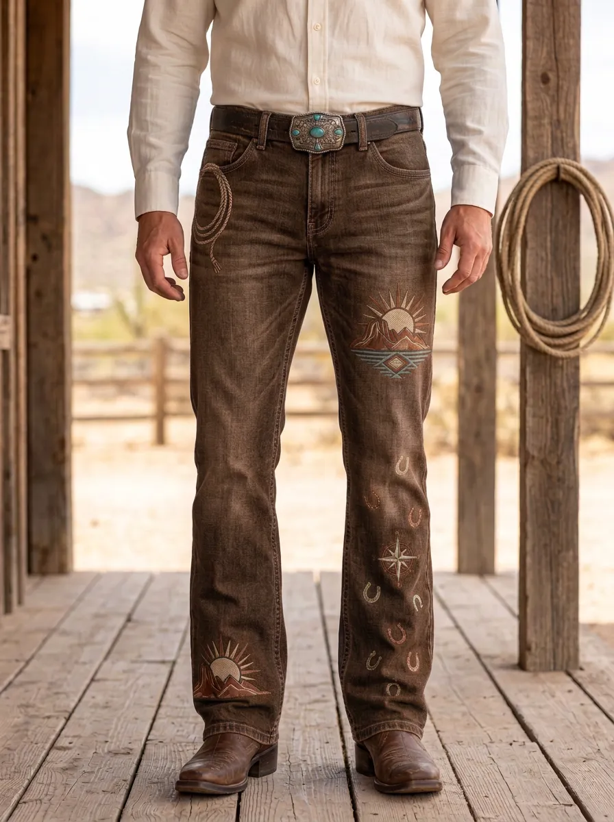 Men's Western Cowboy Horseshoe Horse Desert Mountain Jeans