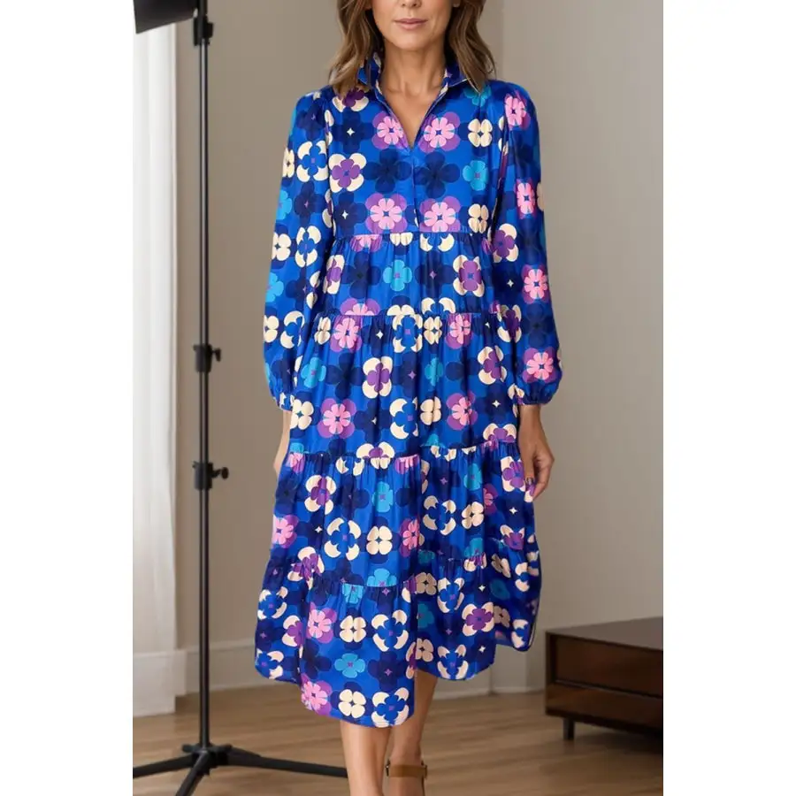 Printed Collared Neck Long Sleeve Midi Dress