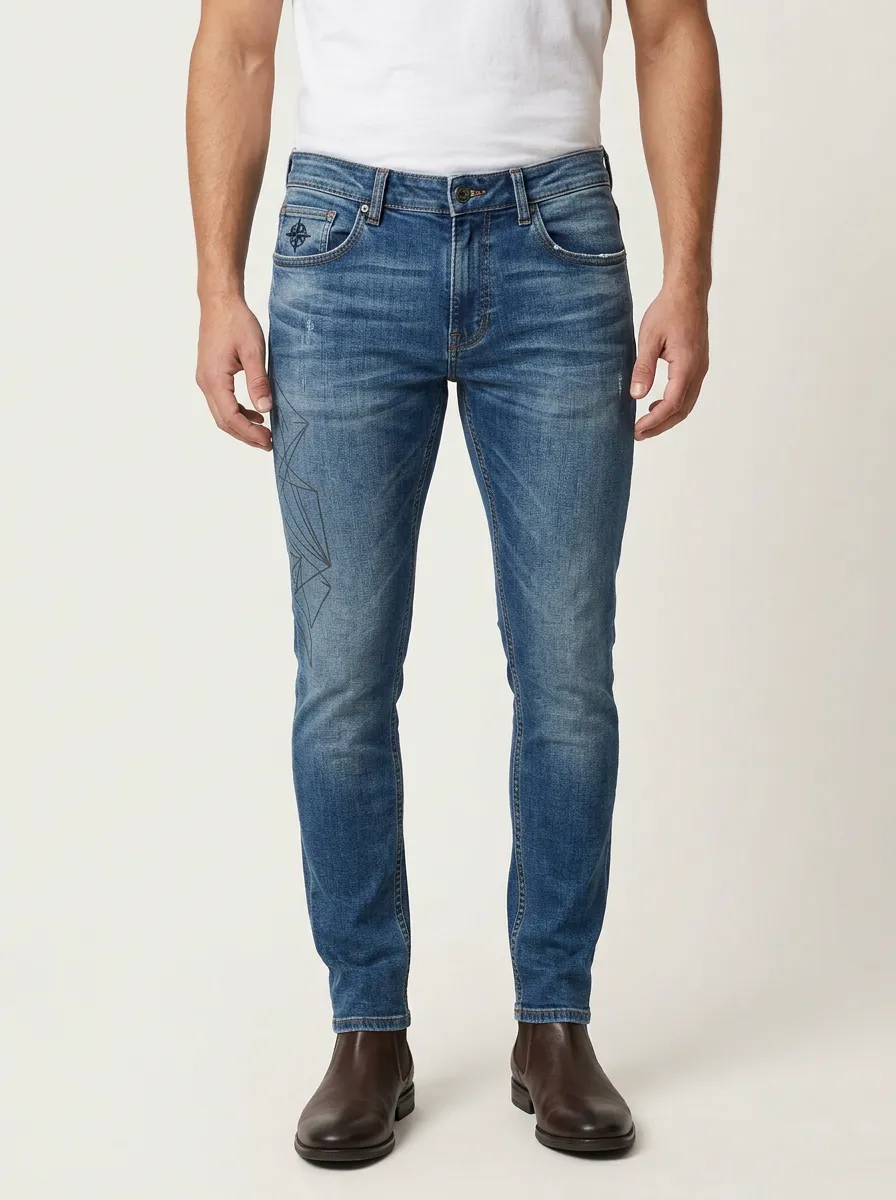 Men's Geometric Compass Printed Slim-Fit Jeans