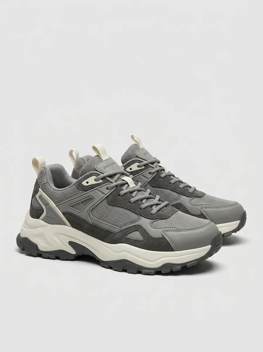 Trail-Inspired Chunky-Sole Suede-Panel Mesh-Panel Casual Sneakers