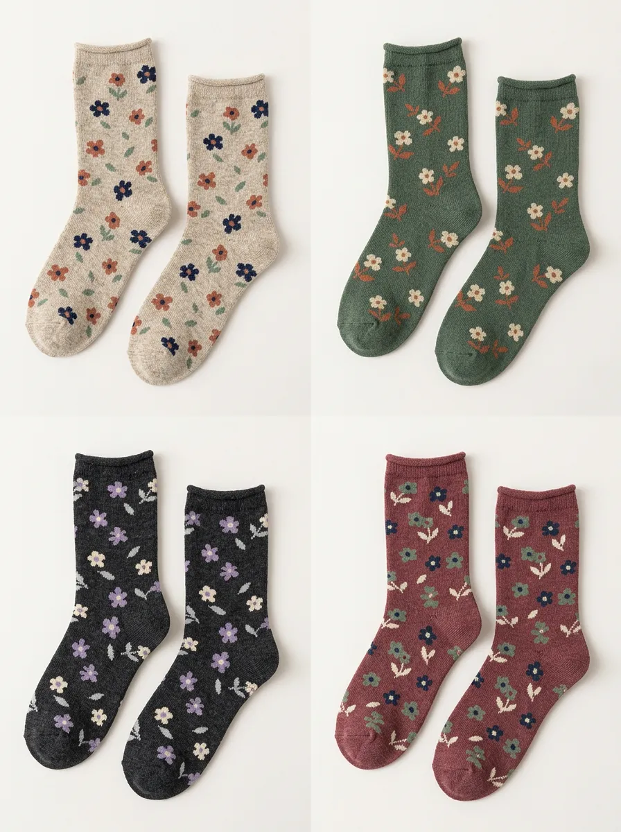 Women's Rolled Edge Floral Leaf Crew Socks Four Pair Set