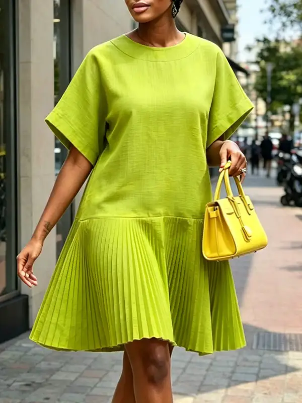 Relaxed Short Sleeve Pleated Solid Color Split Joint Round Neck Mini