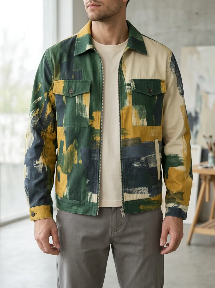 Men's Abstract Art Style Green Yellow Brushstroke Printed Jacket