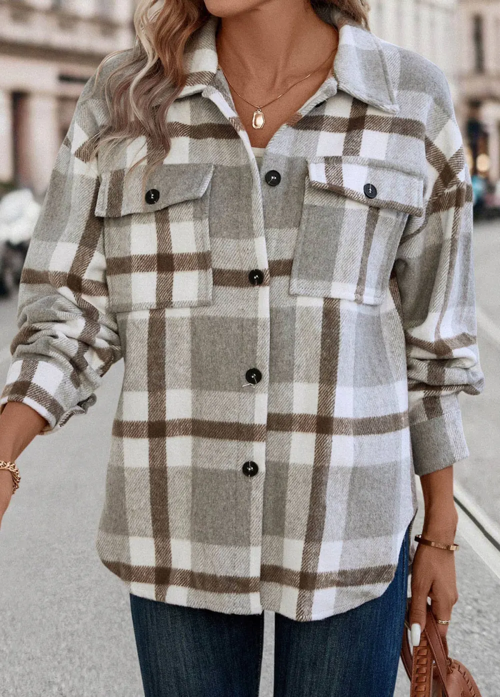 Light Grey Pocket Plaid Long Sleeve Shirt Collar Coat
