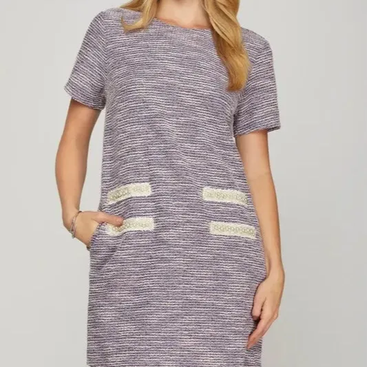 Short Sleeve Pearl Studded Trim Knit Tweed Dress