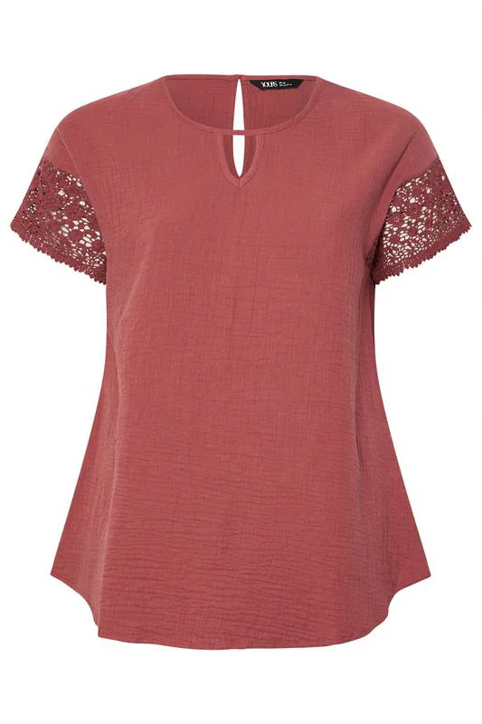 Rust Orange Cheesecloth Crochet Top detail 4