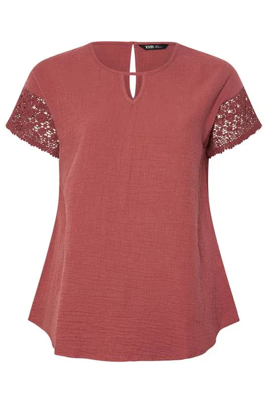 Rust Orange Cheesecloth Crochet Top