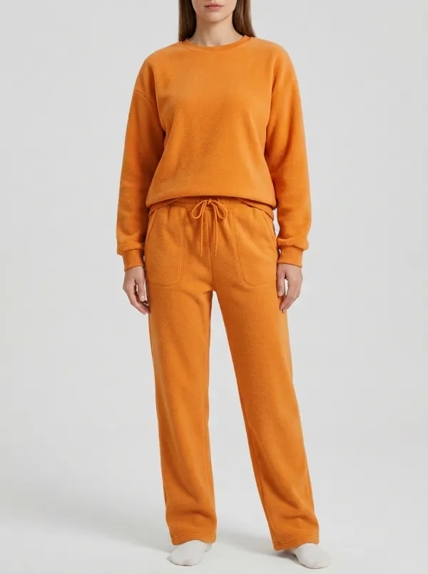 Women's Drop-Shoulder Crewneck Sweatshirt And Patch-Pocket Fleece Lounge Set