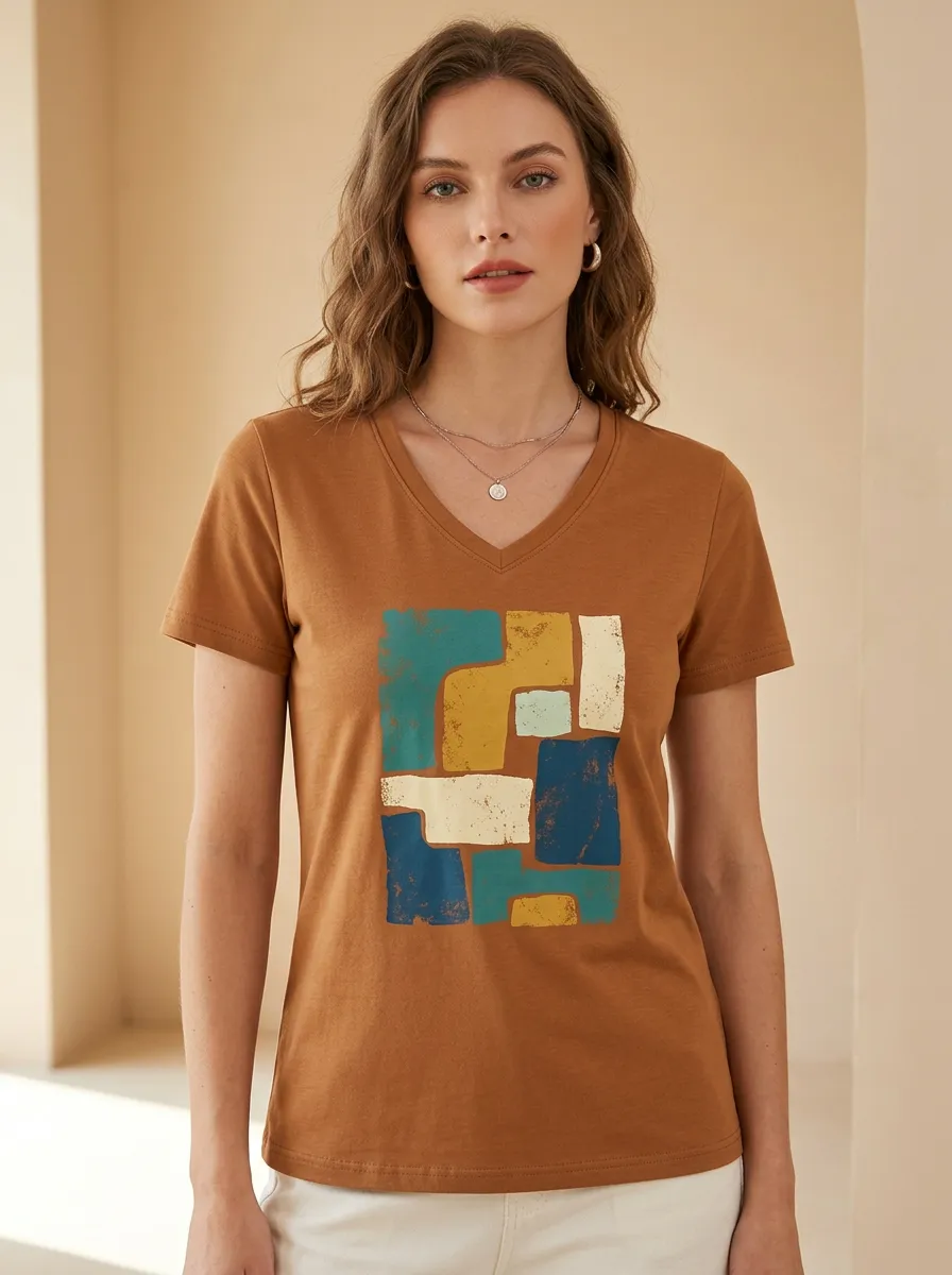 Women's Abstract Geometric Art Printed V-Neck T-Shirt Everyday Design